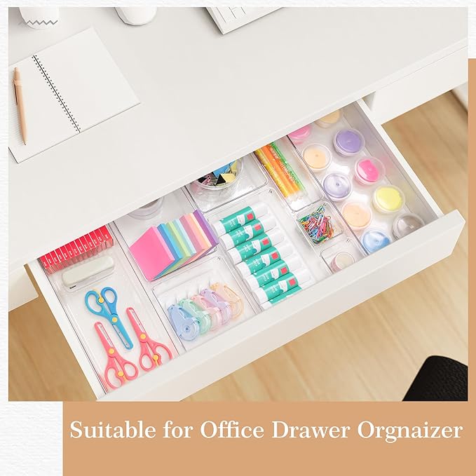 Criusia Drawer Organizer, 5-Size Versatile Bathroom and Vanity Organizer Trays, 20 Pack Clear Plastic Kitchen Drawer Organizers Set, Storage Bins for Makeup, Bathroom, Jewelries and Office