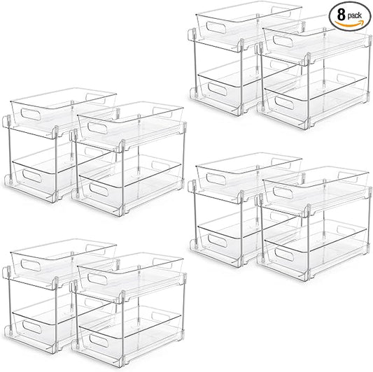 Vtopmart 8 Pack Bathroom Organizer, 2 Tier Clear Under Sink Organizers Vanity Countertop Storage Container,Cabinet Drawers Bins, Pull-Out Organization with Track for Pantry, Kitchen