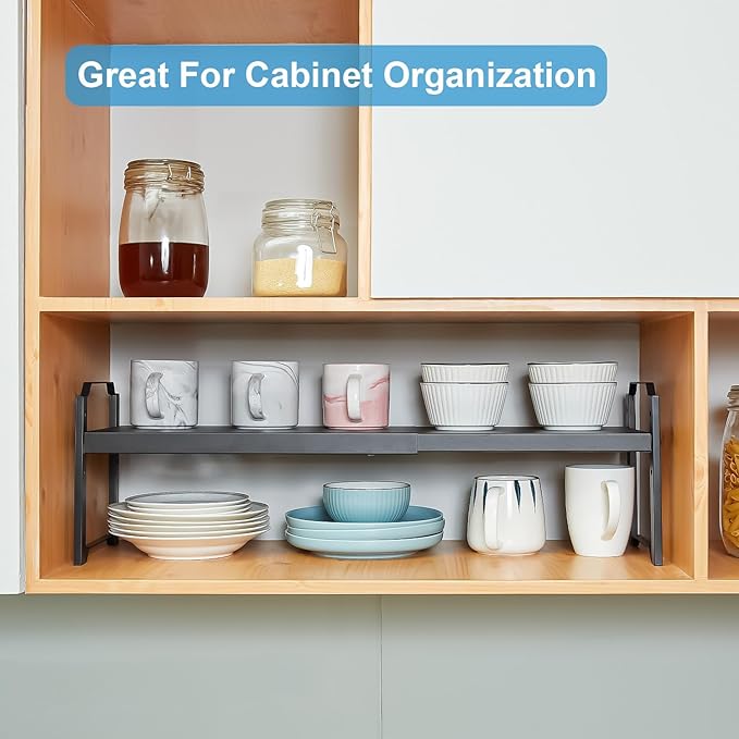 1 Pack Expandable Cabinet Countertop Shelves, Stackable Shelves Organizers for Kitchen Cabinet Countertop Storage, Adjustable Counter Cupboard Pantry Organizer Shelf Rack Stand, Length:25.5"