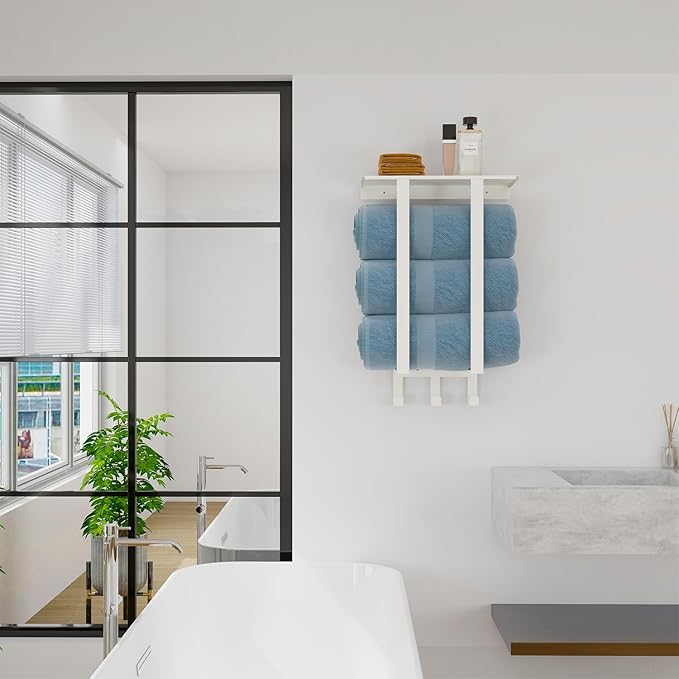 Towel Racks for Bathroom White, Bathroom Towel Rack with Shelf and 3 Hooks Wall Mounted, Towel Storage Rack for Small Bathroom