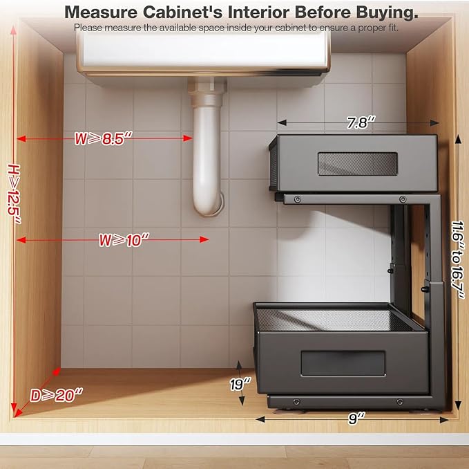 1 Pack 19IN Depth Under Sink Organizer, 2-Tier Pull Out Cabinet Organizer With Smooth Circular Rail, Large Capacity Metal Mesh Sliding Drawers For Bathroom& Kitchen Storage,Height Adjustable-Black