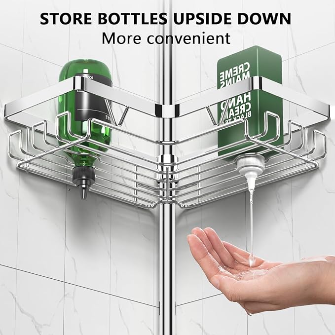 Corner Shower Caddy Tension Pole - Chrome Tension Rod Shower Caddy Adjustable Shampoo Holder for Bathroom/Bathtub/RV, Stainless Steel, Floor to Ceiling 25-114.2 inch