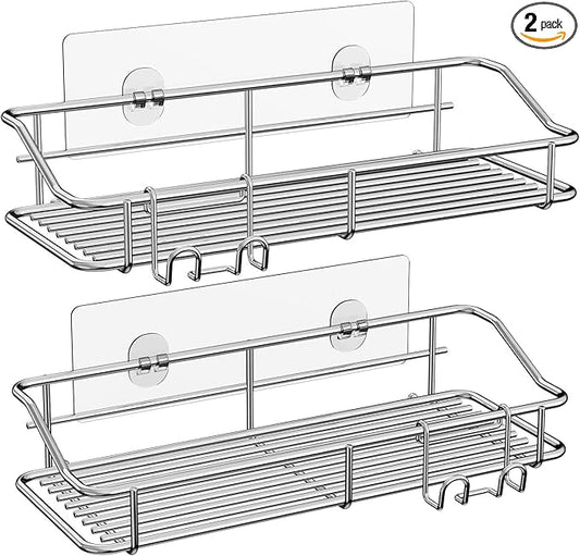 Nieifi Shower Caddy Shelf Storage Rack Adhesive Without Drilling Stainless Steel with Hooks for Washroom, Lavatory, Restroom, Toilet, Bathroom, Kitchen - 2 Pack
