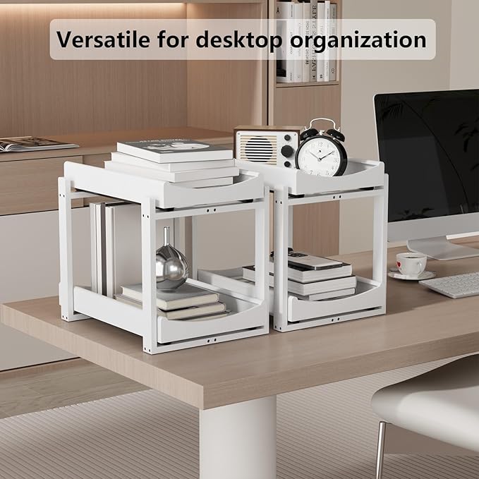 Bamboo Under Sink Organizer Adjustable Height 2 Tier Bathroom Organizer Pull Out Cabinet Storage Kitchen Heave Duty Wood Slide Ou Shelf for Kitchen Bathroom (White, 2 Packs)