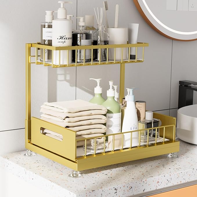 Under Sink Organizer Storage 2-Tier Premium Metal Pull-Out Kitchen Cabinet Organizer with Sliding Drawer, Height Adjustable, Heavy Duty for Kitchen & Bathroom Organizers 2 Pack Gold