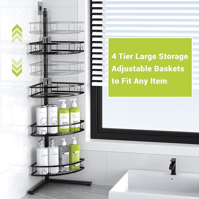Corner Shower Caddy Standing: 4-tier Rustproof Shower Organizer Shelf - Floor Shower Corner Shelf Rack Stand for Bathroom Black