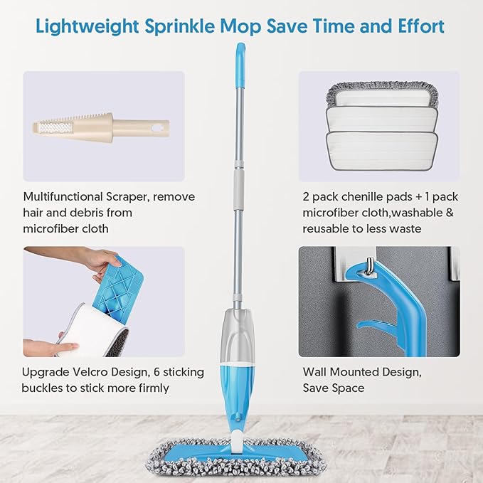 Spray Wet Mops for Floors Cleaning - EXEGO Refillable Floor Flat Mops with 3 Washable Pads for Swiffer Powermop - Home Commercial Dust Mop for Hardwood Laminate Ceramic Tile Wood Vinyl