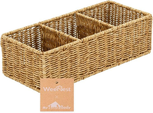 myHomeBody Wicker Basket With 3 Compartments, For Toilet Tank Paper Rolls, Hand Woven Bathroom Countertop Organizer, Bedroom Organization, 1pc, Tan