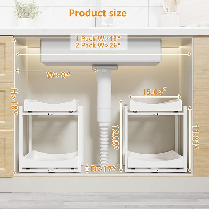 Bamboo Under Sink Organizer Adjustable Height 2 Tier Bathroom Organizer Pull Out Cabinet Storage Kitchen Heave Duty Wood Slide Ou Shelf for Kitchen Bathroom (White, 2 Packs)