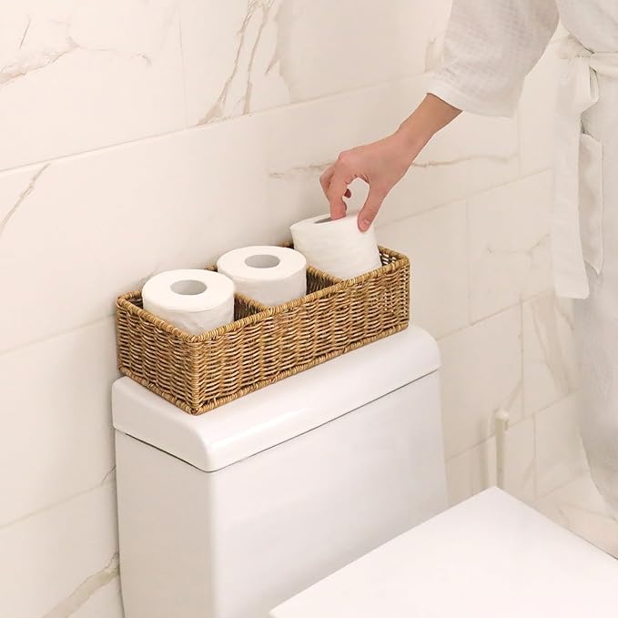 myHomeBody Wicker Basket With 3 Compartments, For Toilet Tank Paper Rolls, Hand Woven Bathroom Countertop Organizer, Bedroom Organization, 1pc, Tan