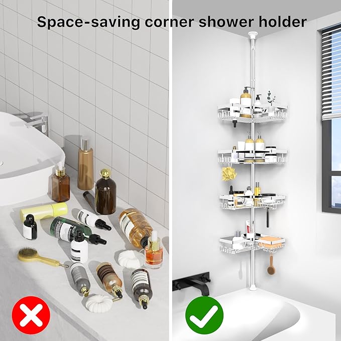 KEGII Corner Shower Caddy Tension Pole - Chrome 4-Tier Adjustable Shower Tension Rod Organizer with Hooks & Soap Holders, 25-114.2 Inch Stainless Steel Shower Storage Rack for Renters & Family