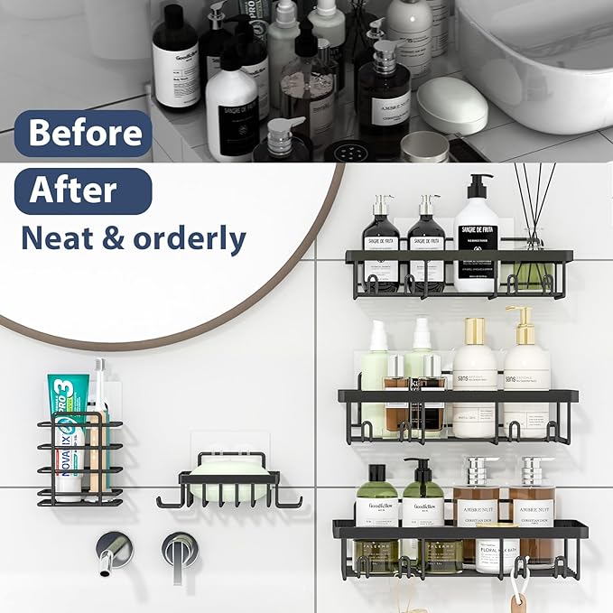 5 Pack Shower Caddy Organizer Rack Shelf for Inside Shower, Adhesive Bathroom Wall Storage Basket Rustproof Stainless Steel Shampoo Holder, Bathroom Accessory Decor Set, Black.