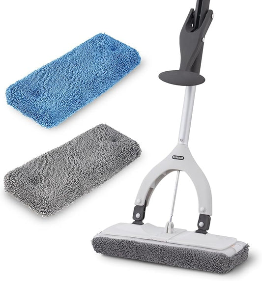 Superio Miracle Microfiber Flat Mop with Telescopic Handle & 2 Refill Pads - Self-Wringing, Lightweight Cleaning Set for Floors & Walls - Heavy-Duty & Reusable, Grey