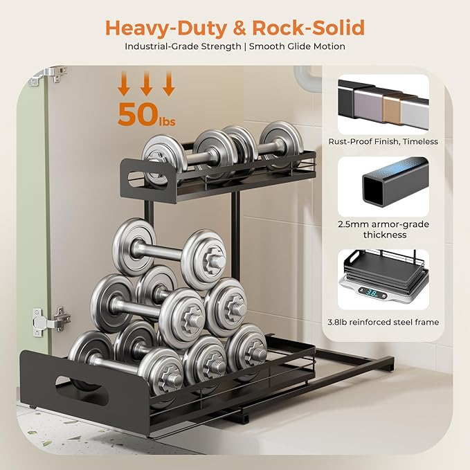 Delamu 2 Pack Metal Bathroom Organizers and Storage, 2 Tier Pull Out Under Sink Organizer with 2 Small Baskets, Adjustable Under Sink Shelf for Multipurpose Cabinet Organizer, Black