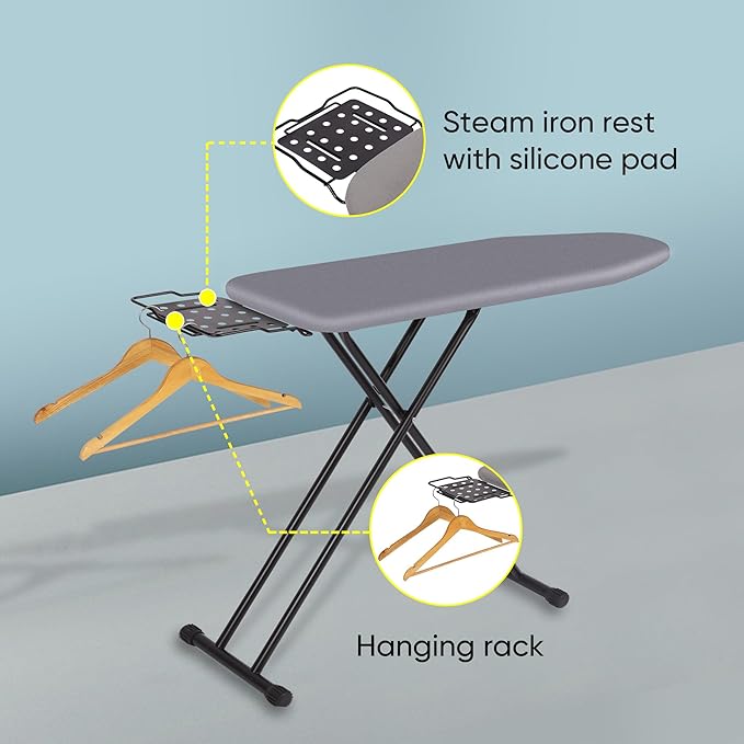 Deluxe Ironing Board with Heat Resistant Cover and Thicken Felt Pad, Heavy Sturdy Legs,Full Size Hanger Iron Board,Foldable (L-Grey)