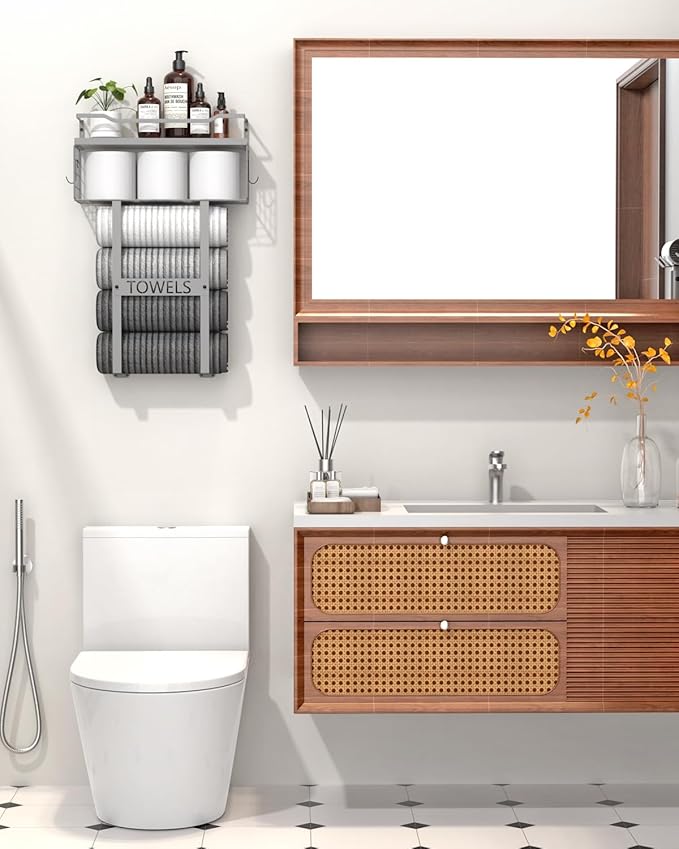 Towel Racks for Bathroom Wall Mounted - Bath Wall Towel Holder Set Above Toilet Storage, Rolled Towel Shelf Organizer for Small Bathroom, Wood Vertical Towel Rack for Bathroom Wall Decor Grey