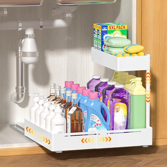 YJHome 1 Pack Expandable Under Sink Organizer, 2 Tier Pull Out Cabinet Organizer with Smooth Ball Bearing Slides, Adjustable Height Cabinet Storage Shelves for Kitchen, Bathroom, Laundry, Pantry