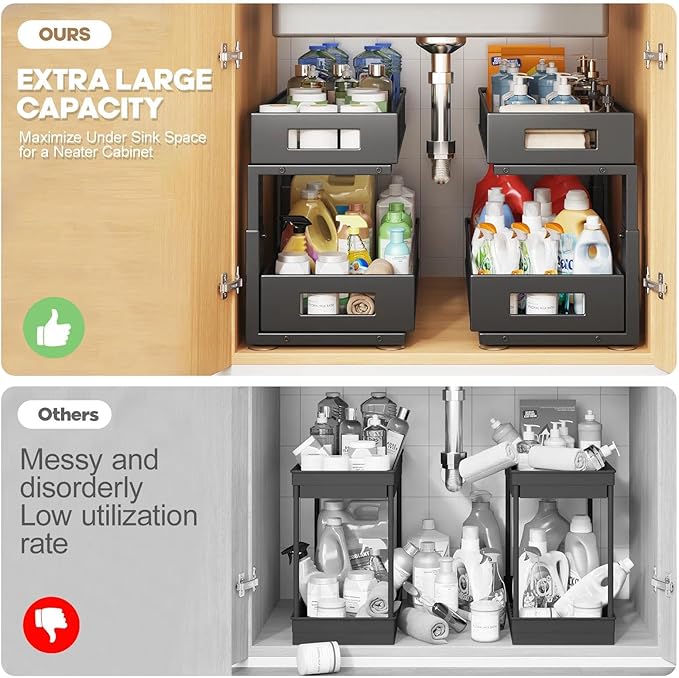 1 Pack 19IN Depth Under Sink Organizer, 2-Tier Pull Out Cabinet Organizer With Smooth Circular Rail, Large Capacity Metal Mesh Sliding Drawers For Bathroom& Kitchen Storage,Height Adjustable-Black