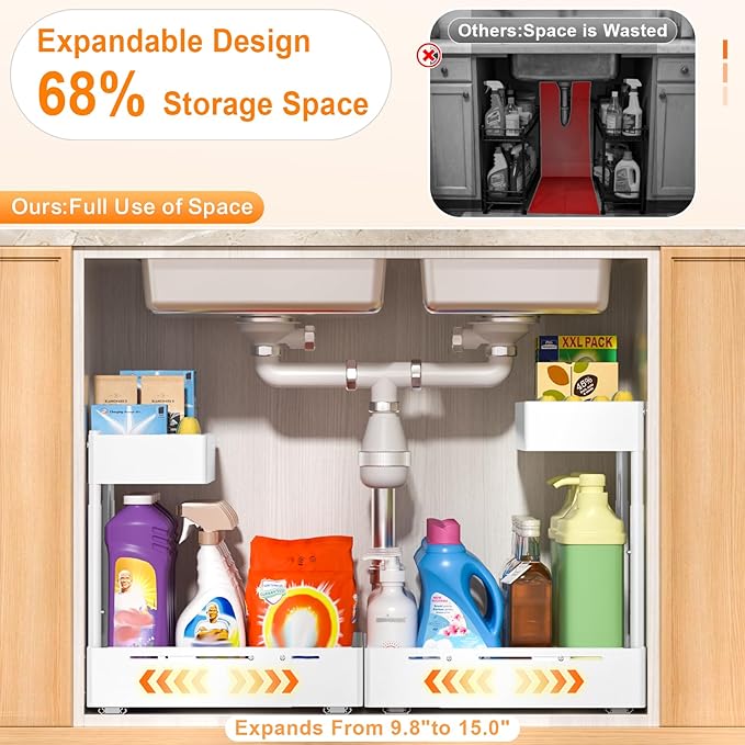 YJHome 1 Pack Expandable Under Sink Organizer, 2 Tier Pull Out Cabinet Organizer with Smooth Ball Bearing Slides, Adjustable Height Cabinet Storage Shelves for Kitchen, Bathroom, Laundry, Pantry