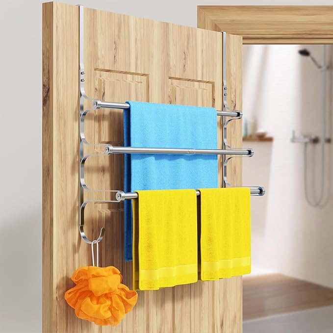 Over The Door Towel Rack, Over Door Towel Rack for Bathroom Door, Triple Towel Storage Holder with Hooks (Silver)