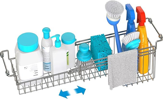 Over The Kitchen Sink Caddy Sponge Holder Organizer Drying Rack Expandable for Sponge Brush Soap Dish Cloth Rag Smaller 14.5" to 22", Stainless Steel