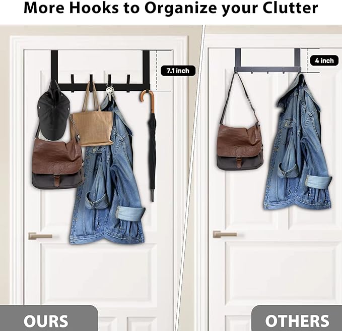 Over The Door Hooks, Door Hanger Hooks for Hanging, Over The Doors Towel Racks for Bathroom with 12 Coat Hook, Coat Rack Bathroom Accessories（2 Pack, Black）