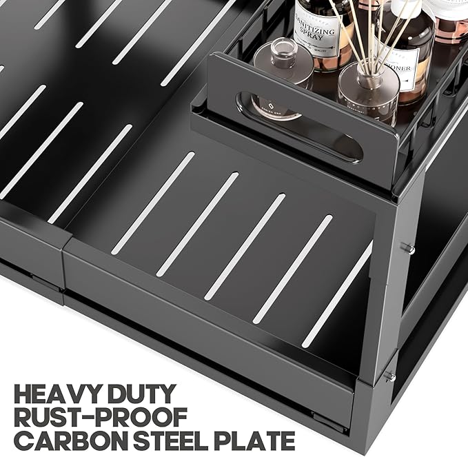 1 Pack Expandable Under Sink Organizers And Storage With Upgrade Ball-Bearing Slide Tracks,2-Tier Pull Out Under Cabinet Organizer Height Adjustable,Slide Out Under Sink Drawers-Black(Patent Pending) | Expandable, Under Sink, Pull Out, Height Adjustable