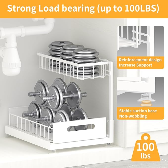 Under Sink Organizer Storage 2-Tier Premium Metal Pull-Out Kitchen Cabinet Organizer with Sliding Drawer, Height Adjustable, Heavy Duty for Kitchen & Bathroom Organizers 1 Pack White