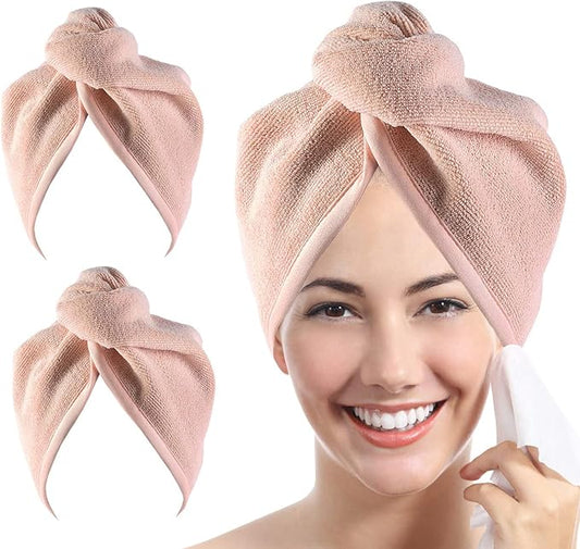 YoulerTex Microfiber Hair Towel Hair Wrap: 2 Pack 10X26 Hair Dryer Towels for Women Absorbent Turban Twist Hair Drying Shower Cap Curly Hair Products for Hair Care Hair Accessories (08 2-Pcs Beige)