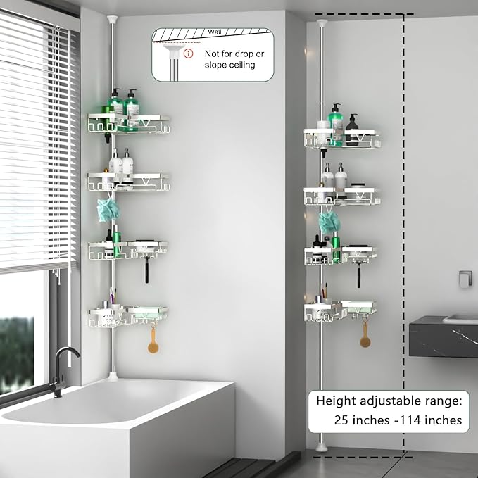 Corner Shower Caddy Tension Pole - Chrome Tension Rod Shower Caddy Adjustable Shampoo Holder for Bathroom/Bathtub/RV, Stainless Steel, Floor to Ceiling 25-114.2 inch