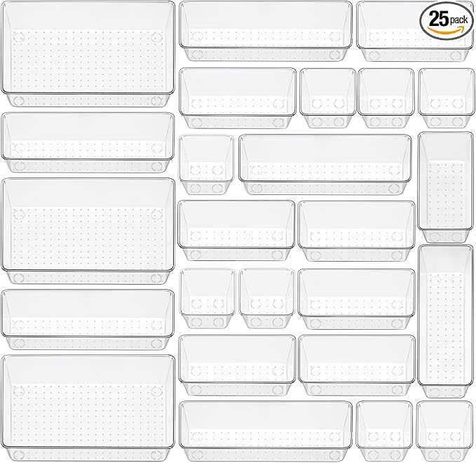 25 Piece Clear Drawer Organizer Set, 4 Sizes Bathroom Vanity Organizer Trays and Storage Bins for Makeup, Cosmetics, Jewelry, and Gadgets. Perfect for Office, Kitchen, Bedroom, Bathroom Use.
