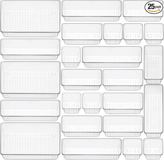 25 Piece Clear Drawer Organizer Set, 4 Sizes Bathroom Vanity Organizer Trays and Storage Bins for Makeup, Cosmetics, Jewelry, and Gadgets. Perfect for Office, Kitchen, Bedroom, Bathroom Use.