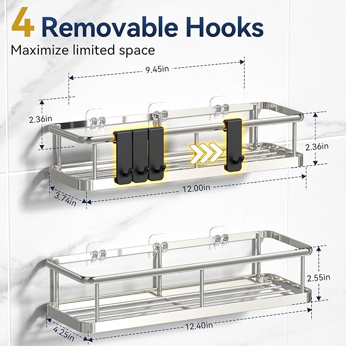 YASONIC Shower Caddy Adhesive, No Drill Bathroom Shower Organizers, with Removable Hooks, Rust Proof Shower Shelves, Wall-Mounted Shower Holder, 2 Pack Silver