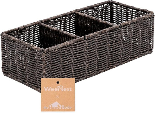 myHomeBody Wicker Basket With 3 Compartments, For Toilet Tank Paper Rolls, Hand Woven Bathroom Countertop Organizer, Bedroom Organization, 1pc, Rustic Brown