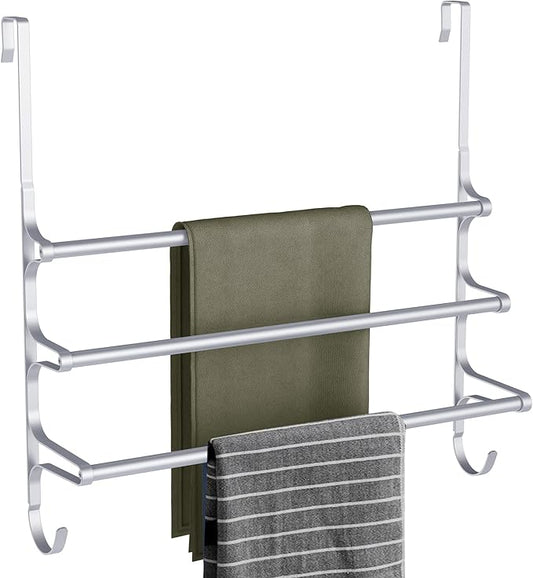 Over The Door Towel Rack, Extendable Triple Towel Storage Holder with Hooks, 24.02 Inches Towel Bar Hanger Towel Racks for Bathroom (Silver)