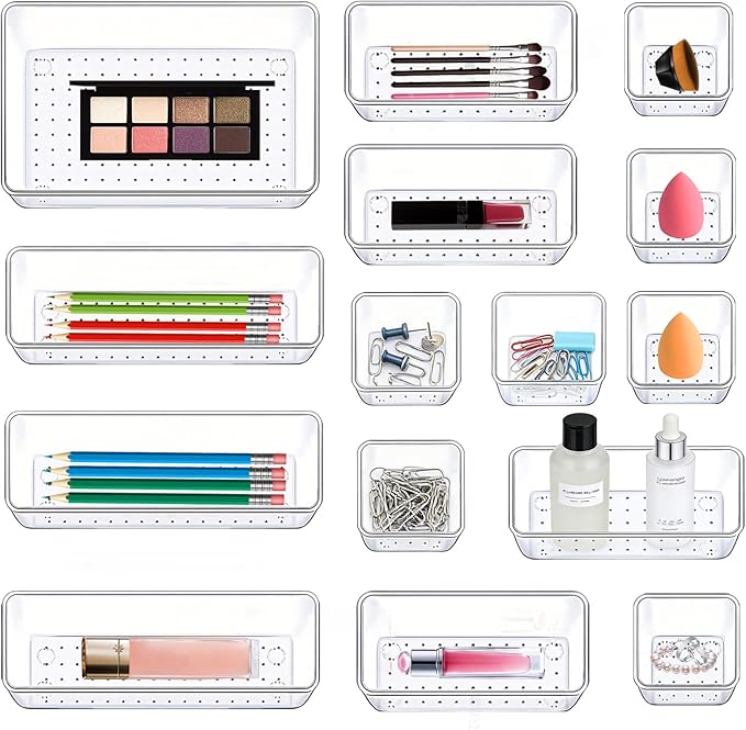 15 Pack Clear Plastic Drawer Organizer Set - 4 Sizes Makeup Vanity Organizer Chest of Drawers Storage Stackable Organizers Bins Divider Box for kitchens, Bedrooms, Bathrooms, Offices, Junk, Gadgets