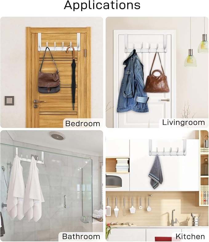 Over The Door Hooks, Door Hanger Hooks for Hanging, Over The Doors Towel Racks for Bathroom with 10 Coat Hook, Coat Rack Bathroom Accessories（1 Pack, Silver）