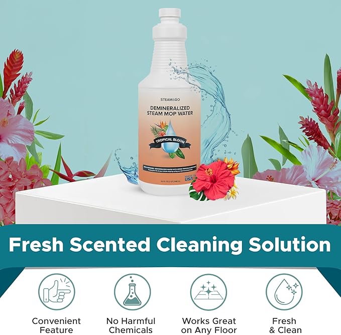 Steam & Go Demineralized Water for Steam Cleaner - PVC-Free Floor Cleaning Solution Compatible for All Steam Mops - Multi-Surface Cleaner for Home Surfaces - Tropical Bloom Scent, 32 oz (Pack of 6)