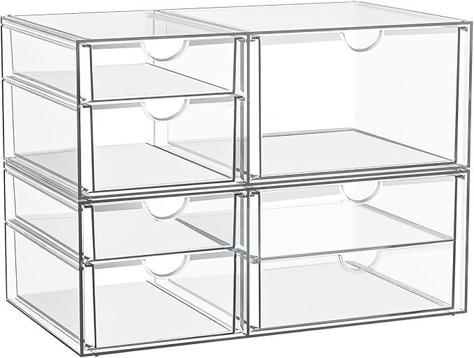 Clear Stackable Storage Drawers, Acrylic Makeup Organizer with 7 Drawers, Bathroom Organizers and Storage, Plastic Bins for For Vanity, Undersink, Kitchen Cabinets, Pantry