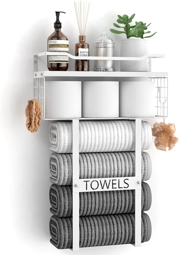 Towel Racks for Bathroom Wall Mounted - Bath Wall Towel Holder Set Above Toilet Storage, Rolled Towel Shelf Organizer for Small Bathroom All White, Wood Vertical Towel Rack for Bathroom Wall Decor