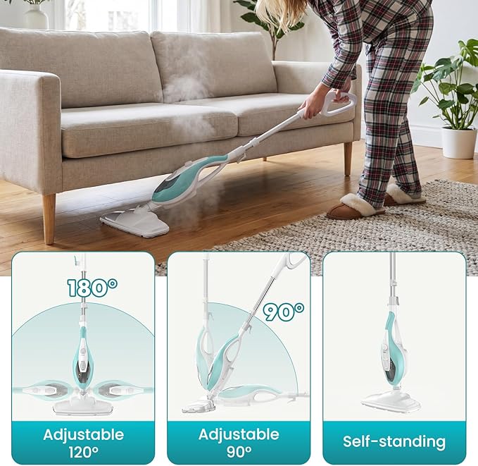 OLIXIS 10-in-1 Steam Mop, 1550W Detachable Handheld Steam Cleaner for Floor Cleaning, 16FT Cord, 2 Washable Pads, Multi-Purpose Floor Steamer for Hardwood, Carpet, Tile, Grout, Windows, White Green