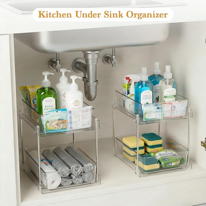 4 Pack Bathroom Organizers and Storage, 2-Tier Clear Under Sink Organizer, Vanity Counter Storage, Medicine Cabinet Organization, Pull-Out Cabinet Organizer With Track For Bathroom, Kitchen, Pantry
