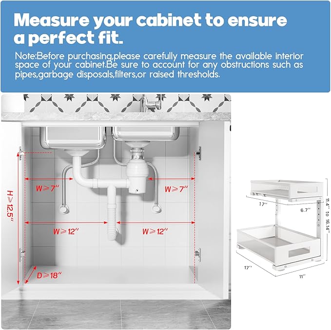 1 Pack 17IN Depth Under Sink Storage Organizer, Large 2-Tier Elegant Mesh Pull Out Shelf for Kitchen and Bathroom Cabinet Organization, L-Shaped and Adjustable Height Design-White