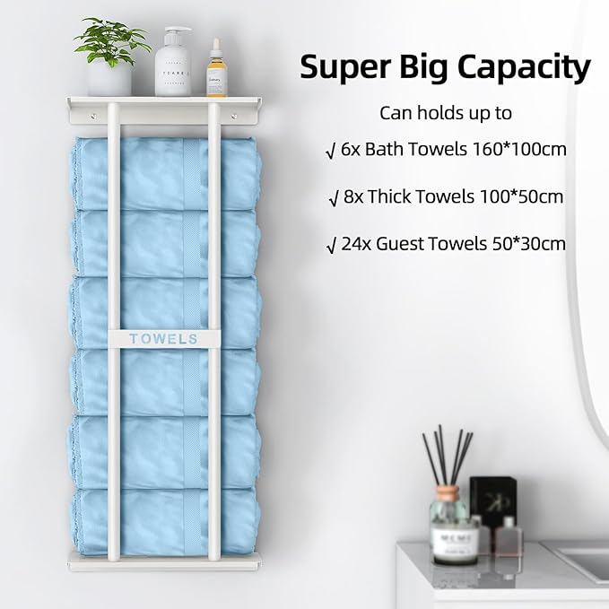 Wall Towel Rack for Rolled Towels, Towel Storage for Small Bathroom Can Holds 6 Large Towels, 30 inch Towel Racks with Shelf, White