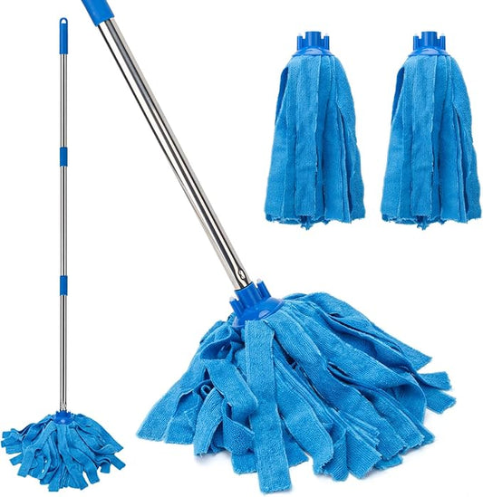 KeFanta Mop, Microfiber Cloth Mops for Floor Cleaning, One Pole with Two Microfiber Cloth Wet Mop Refills, String Mop with 59" Long Handle, Blue (1 Handle & 2 Mop Heads)