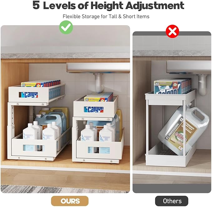 1 Pack 19IN Depth Under Sink Organizer, 2-Tier Pull Out Cabinet Organizer With Smooth Circular Rail, Large Capacity Metal Mesh Sliding Drawers For Bathroom& Kitchen Storage,Height Adjustable –White