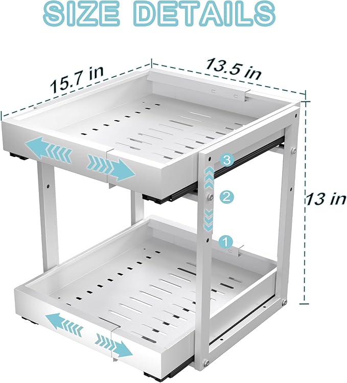 Golener 2-Tier Expandable Pull Out Cabinet Organizer - Slide Out Drawers for Kitchen Cabinets, Bathroom Organizers and Storage, Under Sink Organizer for Kitchen Storage Organization, White Metal Frame