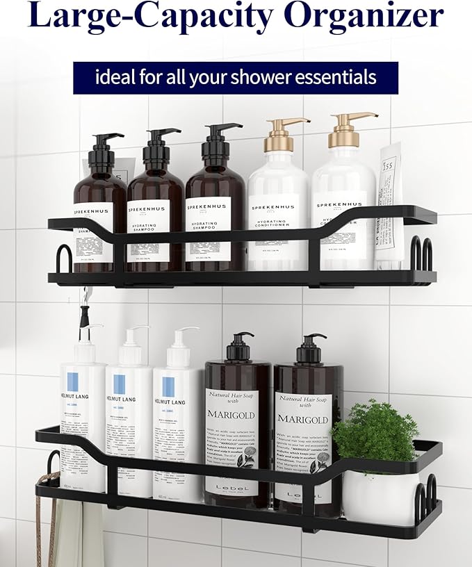 Kitsure Shower Caddy - 2 Pack, No Drilling Shower Organizer with 8 Hooks, Rustproof Stainless Steel Shower Shelf for Inside Shower, Wall Mounted Shower Rack for Bathroom, Kitchen, Black
