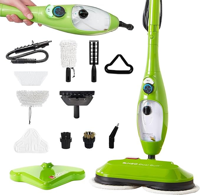 H2O X5 Dual Buff Steam Mop, 8 in 1 Handheld Steam Cleaner For Kitchen Tile Floors, Hardwood Floors, Grout Cleaner, Upholstery Cleaner and Carpets, 2 washable scrub pads, 11 cleaning accessories