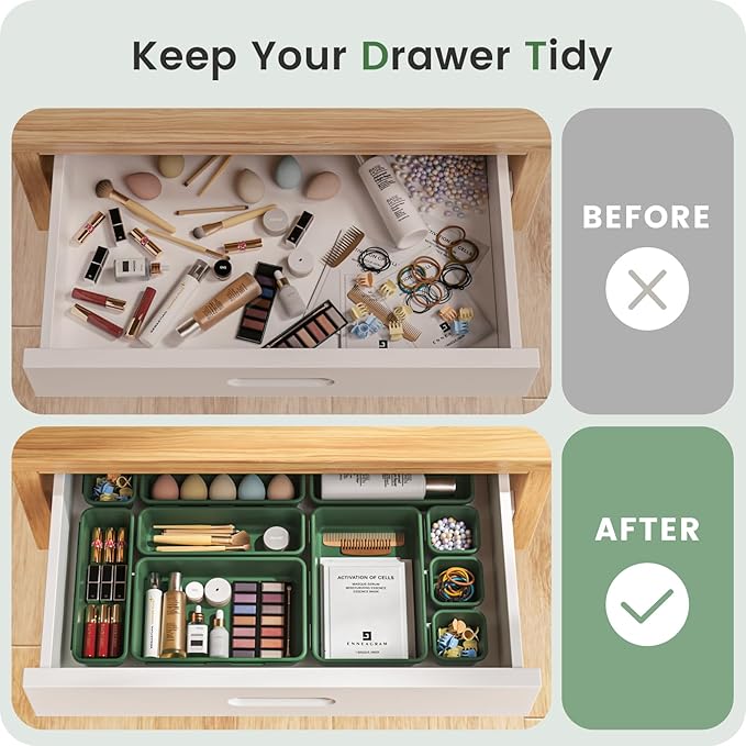 A-LuGei 【𝟮𝟴𝗣𝗖𝗦】 【𝟱𝗦𝗶𝘇𝗲】 ArmyGreen Drawer Organizer, Makeup organizer, 【Holds 177 Items】 Bathroom Organizers and Storage, Plastic Desk Organizer Divider, Organizer Bins for Office Vanity